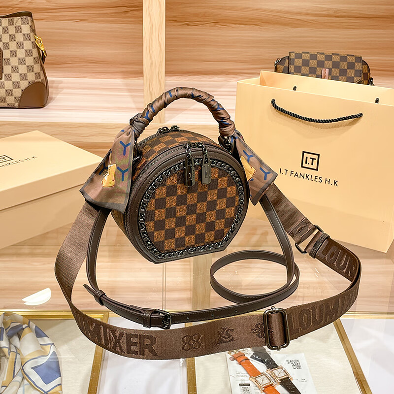 香港真皮女包2024新款百搭高级格纹小圆包女士手提单肩斜挎包 棋盘格