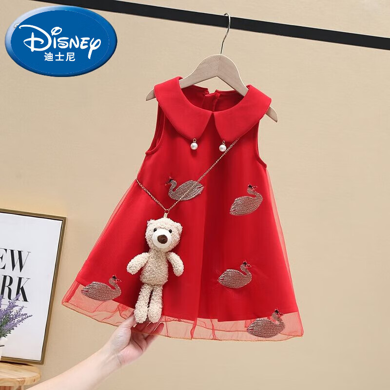 迪士尼（Disney）新款女童公主裙无袖儿童舞蹈服夏装洋气网纱裙子女宝宝 红色 天鹅裙子送小熊 80cm