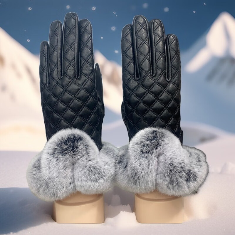 欧密坊真皮手套女冬季时尚保暖真羊皮手套獭兔毛口加绒菱格手套 黑色