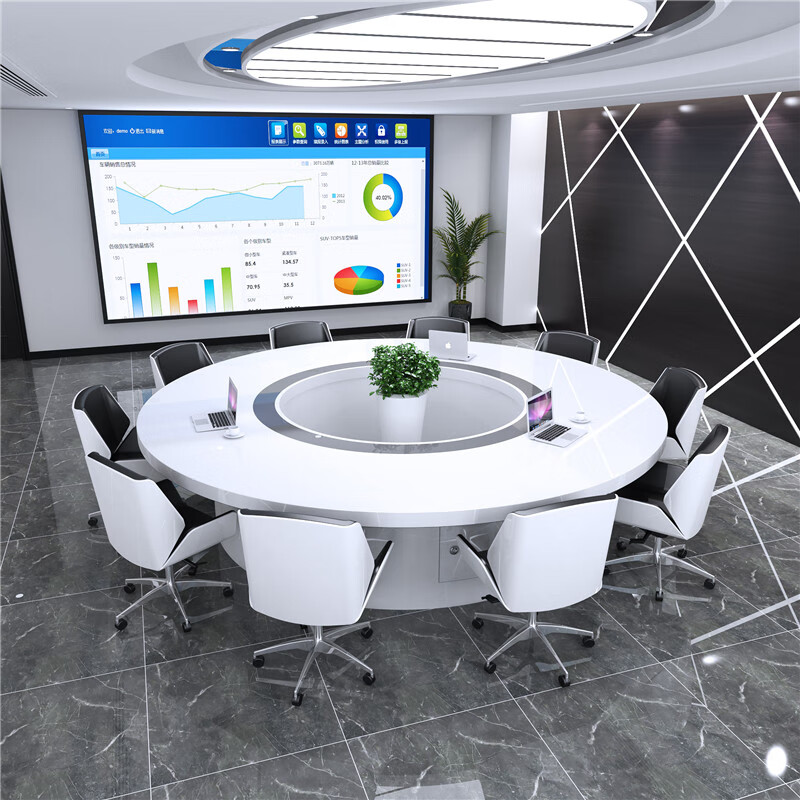 白色烤漆圆形会议桌简约现代创意圆形桌大型会议室圆弧形洽谈桌 2米