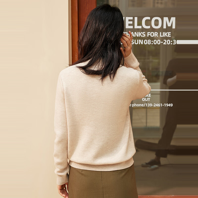 恒源祥厚款保暖纯羊毛衫女装秋冬新款半高领套头毛衣女装纯色打底针织衫 杏仁米 （半高领） M /165/88A