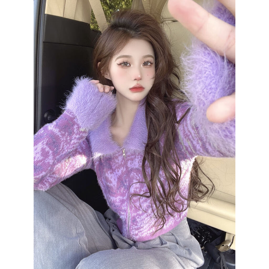 辣妹撞色短款上衣韩版甜辣风露脐polo领扎染毛衣外套女装新款 紫色 m