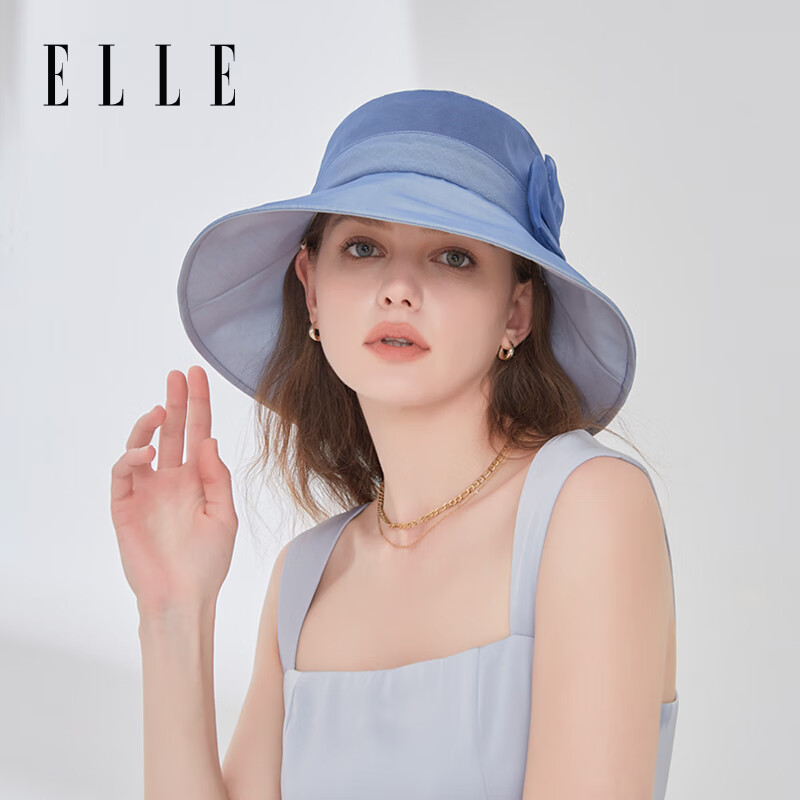 ELLE100%桑蚕丝遮阳帽防晒防紫外线女花饰大檐真丝帽 藏青色