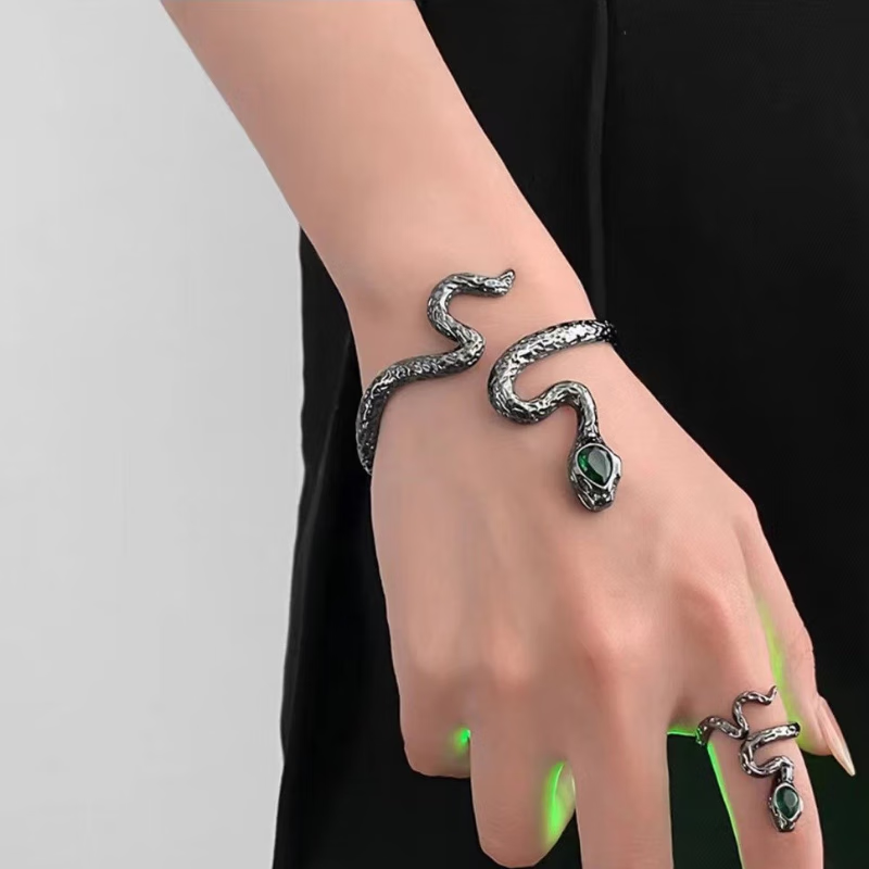 诗筠(SHIJUN)时尚灵蛇手镯蛇形小众设计个性简约镯子开口中式复古冷淡风手饰 枪黑色