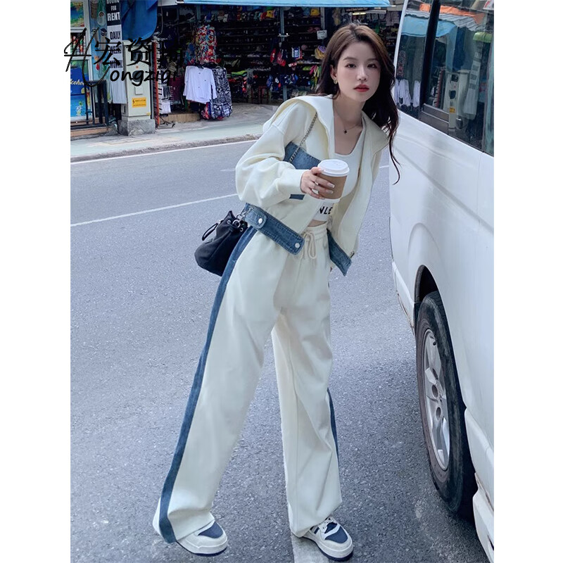 宏资琦休闲裤女2025秋季新款时尚减龄外套女装休闲运动套装衣服阔腿裤子 白色 M