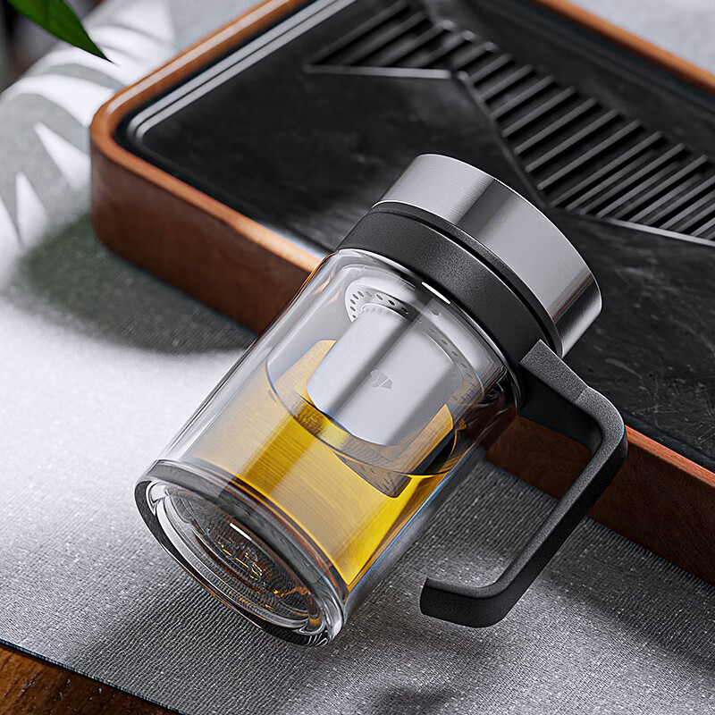 万象(WANXIANG)玻璃杯V219手柄办公杯双层泡茶杯360ML商务办公带滤网水杯