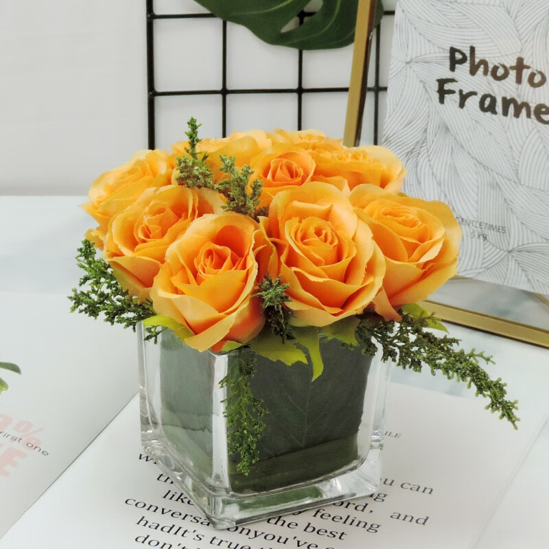 仿真桌面轻奢花艺玫瑰假花洽谈桌客厅餐桌书柜婚礼摆件茶几装饰 桔色