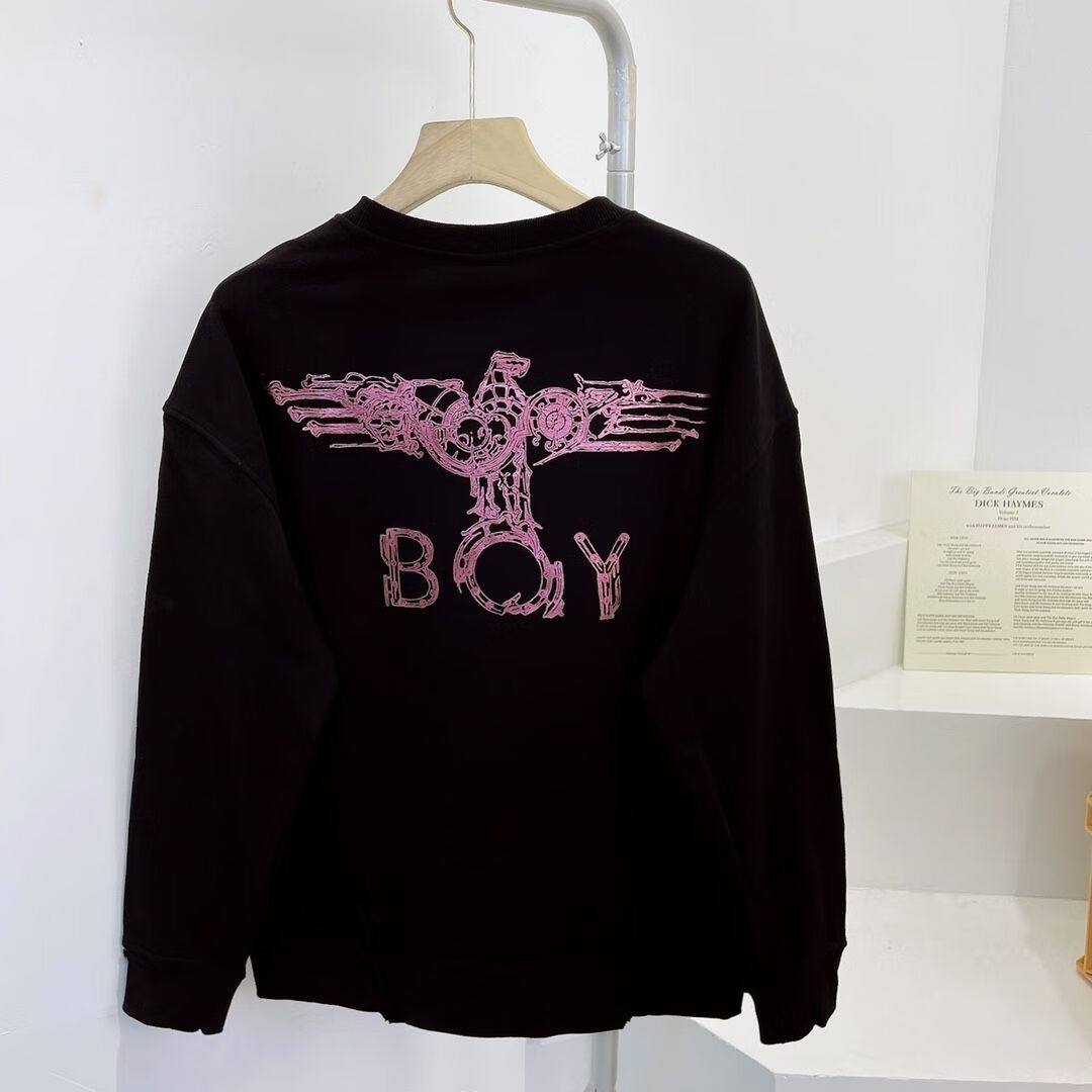 boy情侣男女同款烫金老鹰新款卫衣宽松中长款圆领休闲印花上衣 黑色