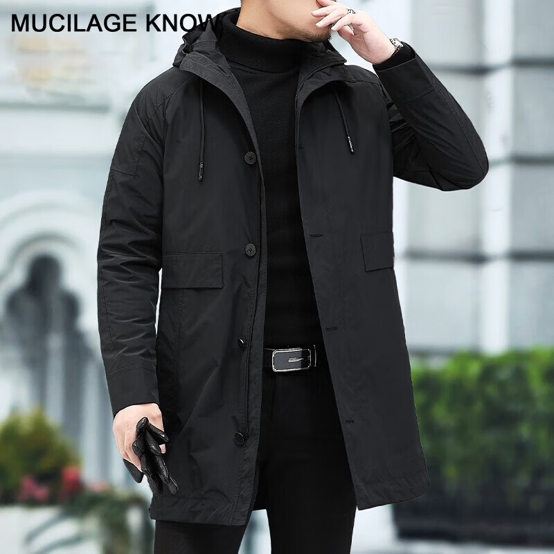 MUCILAGEKNOW秋冬中长款风衣男连帽中年商务男士外套休闲百搭爸爸装男装大衣男 黑色（羽绒款） 2XL