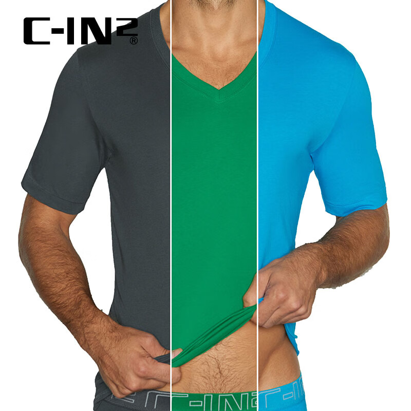 C-IN2 男士短袖T恤纯棉V领性感运动吸汗打底 3件装 1310P 蓝绿灰组合475 M