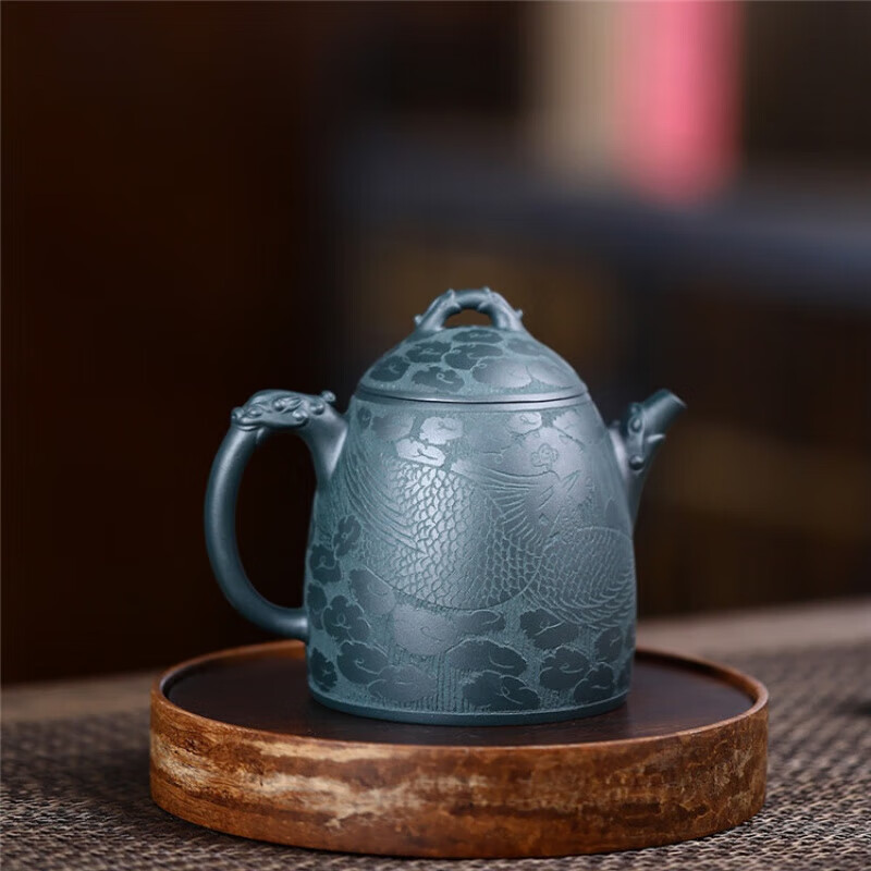 陶小碗秦权壶宜兴紫砂壶原矿天青泥祥龙全手工刻绘礼品茶壶320cc