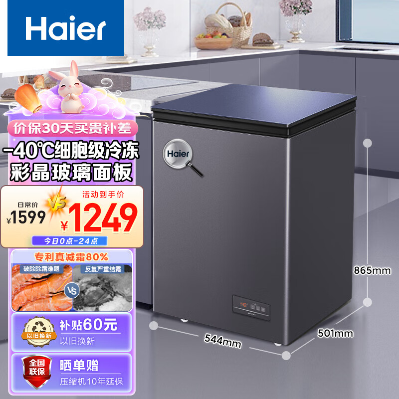 海尔（Haier）100升-40℃一级能效彩晶低霜小冰柜家用冷藏柜冷冻柜小型小冰箱小型冷柜BC/BD-100GHEPGD以旧换新