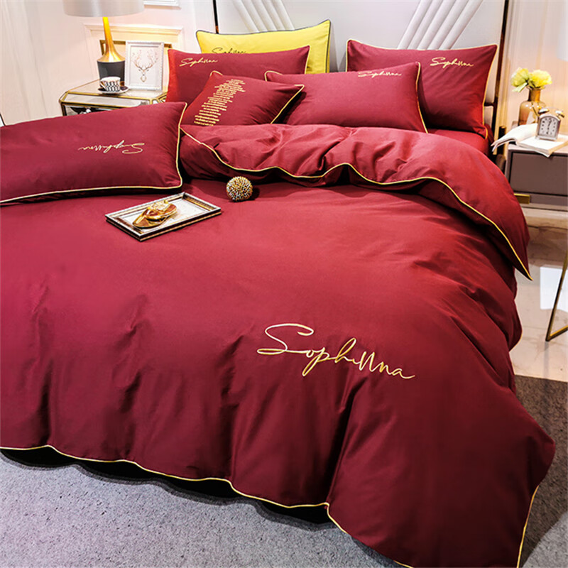 绒全棉婚庆四件套纯棉结婚床上用品大红色新婚喜被床单被套 kz藏花红