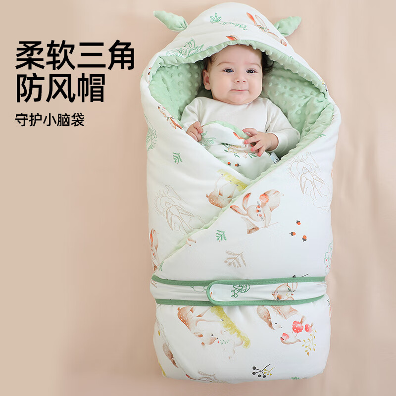 婧麒婴儿抱被豆豆绒包被初生新生儿包单秋冬保暖外出 萌兔森友会 90*90