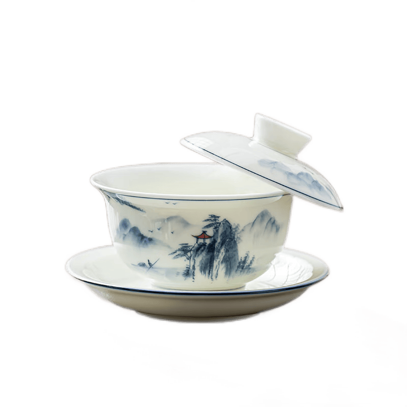 四美堂手绘陶瓷三才盖碗可悬停泡茶碗功夫茶具薄胎刀纹盖碗礼品