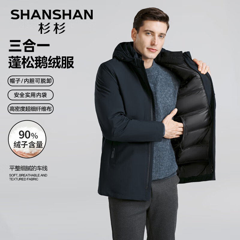 SHANSHAN【可脱卸内胆】羽绒服男冬季鹅绒加厚保暖男士外套商务休闲上衣男 墨蓝色 195