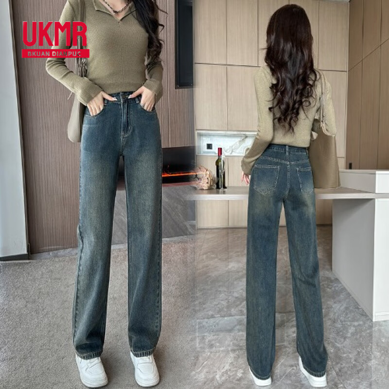 UKMR潮流百搭牛仔裤女春秋2025新款小个子150高腰显瘦直筒窄版阔腿裤 水泥蓝长裤 常规 L 105-115斤