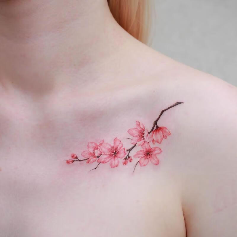 领迷风手绘清新桃花性感锁骨纹身贴防水女持久古风梅花樱花手臂遮疤