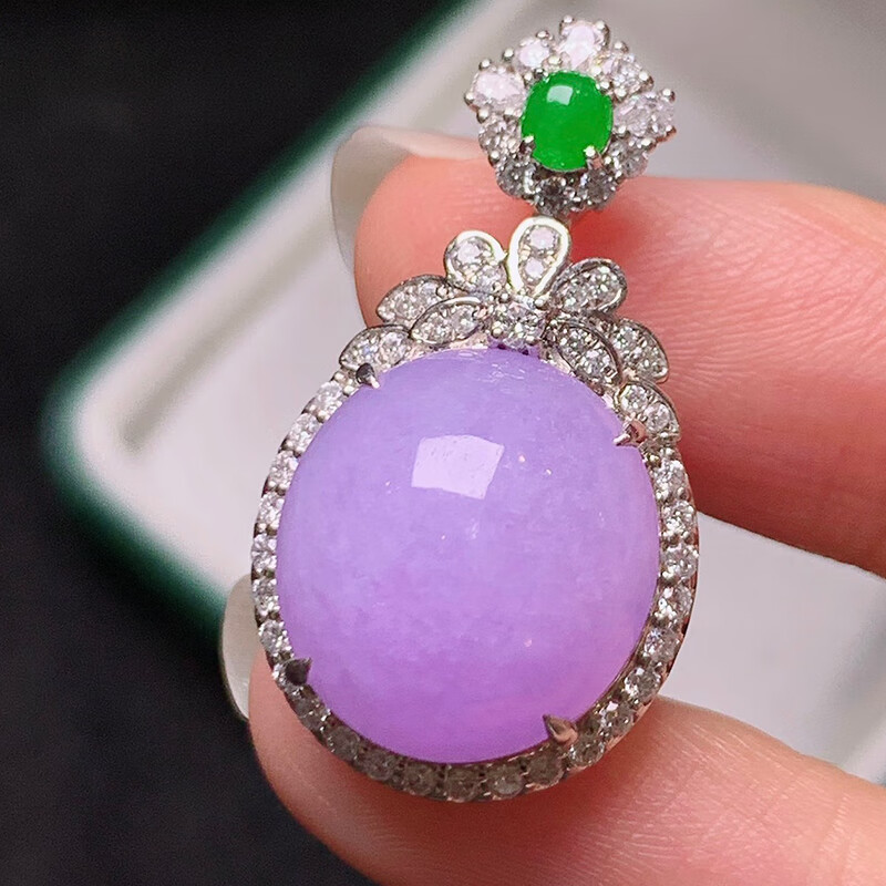 绿翠天成 翡翠冰种紫罗兰蛋面吊坠 缅甸a货翡翠18k金镶嵌女款14.4*13.