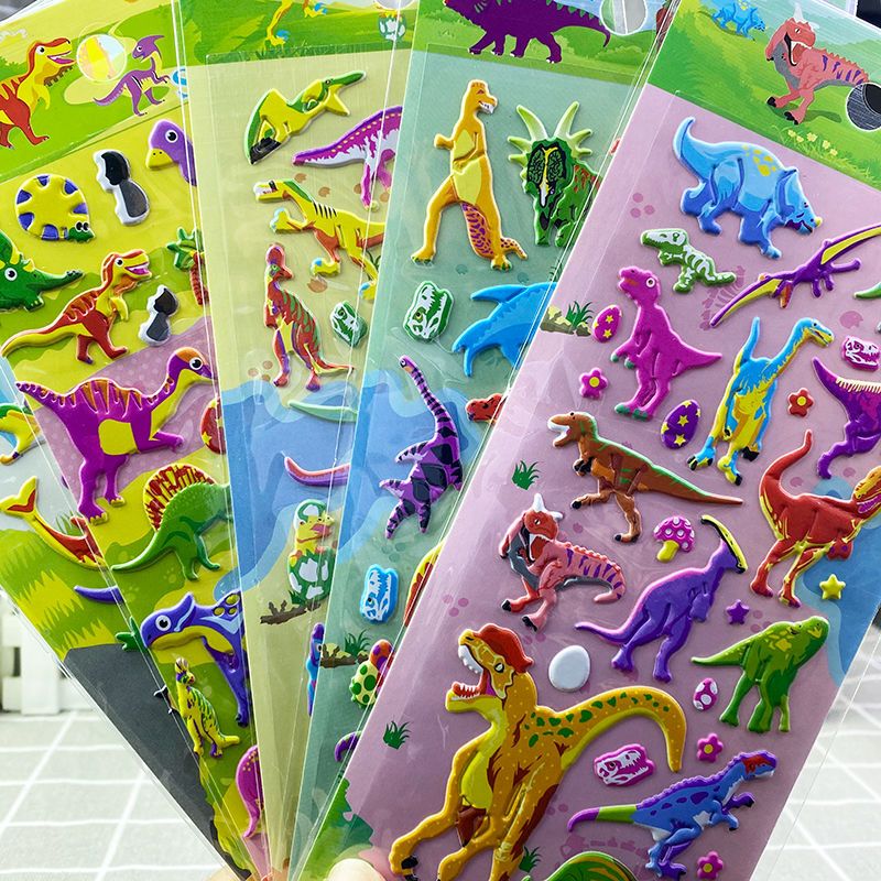 凯蒂奥恐龙玩具贴纸儿童卡通贴画幼儿园奖励泡泡贴纸画动物认知粘贴 恐龙磨砂贴6张不重