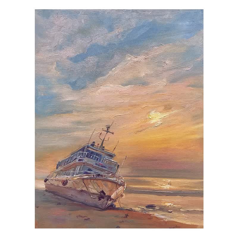 艺幻北欧风海滩搁浅手绘油画大海风景客厅装饰画入户玄关丙烯肌理挂画