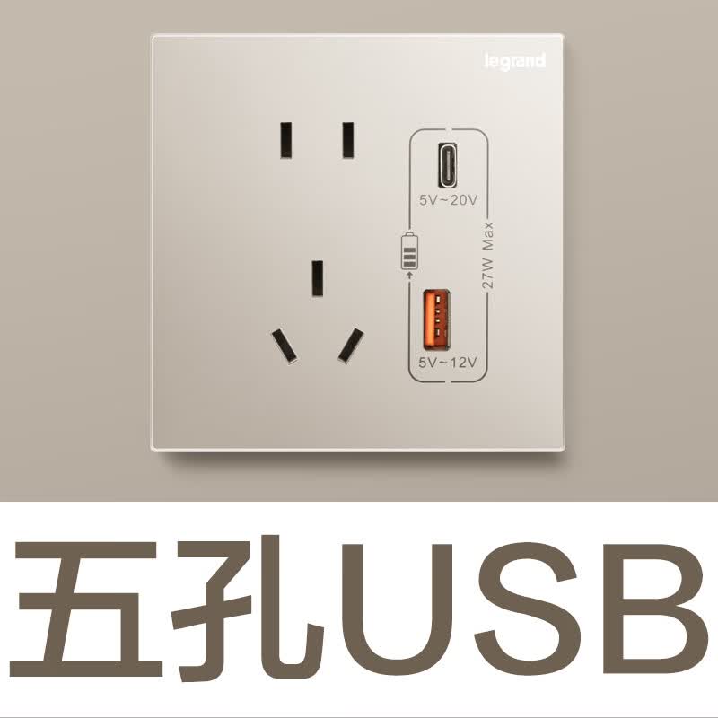 罗格朗 开关插座面板仕典米兰金家用86型五孔带USB墙壁电源暗装多孔插座 Type A+C USB充电五孔插座