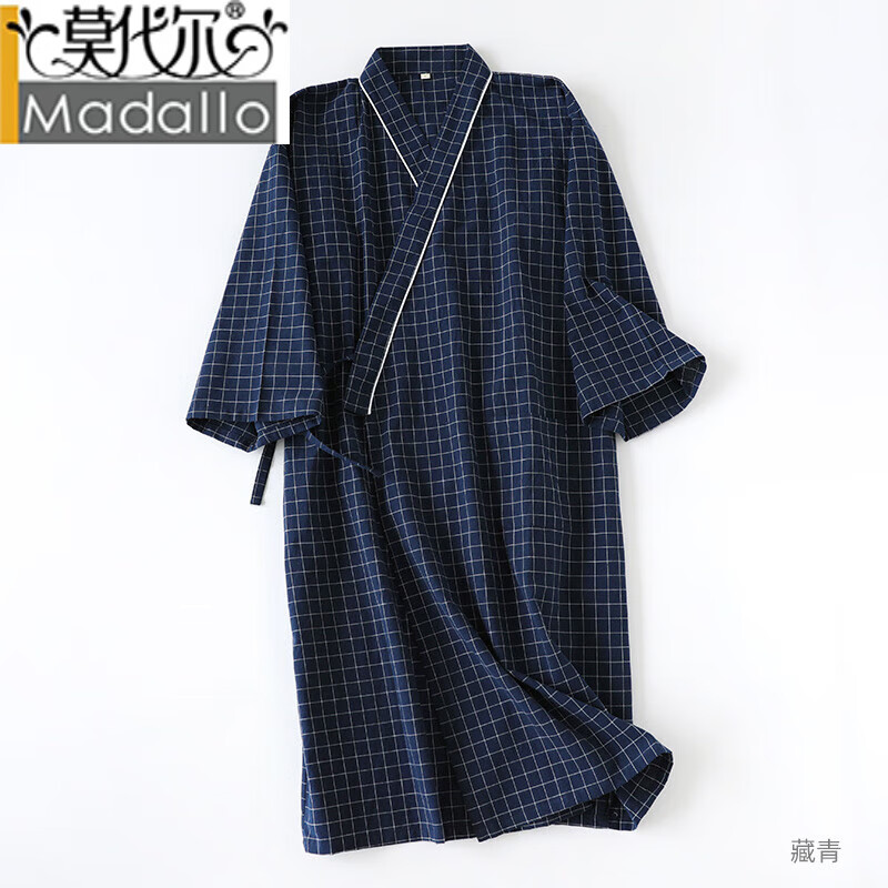 莫代爾睡袍男士浴袍式睡衣晨袍和服夏季純棉短袖薄款浴衣日式和風居家服 藏青 M