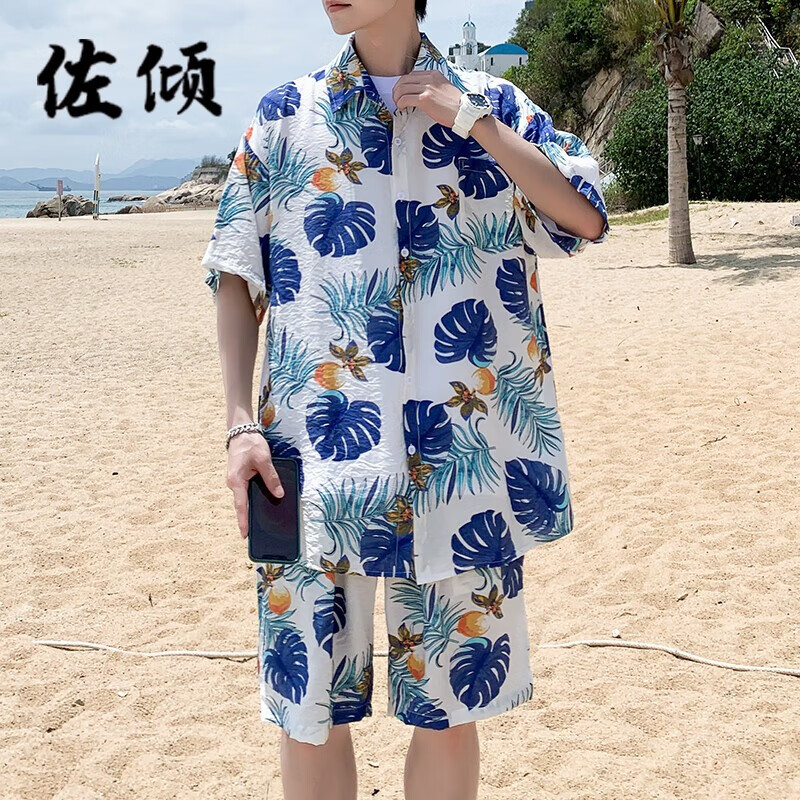 佐傾夏威夷襯衫三亞沙灘套裝男夏季海南島服海灘襯衫海邊度假男裝花襯 1號色 M 95-110斤