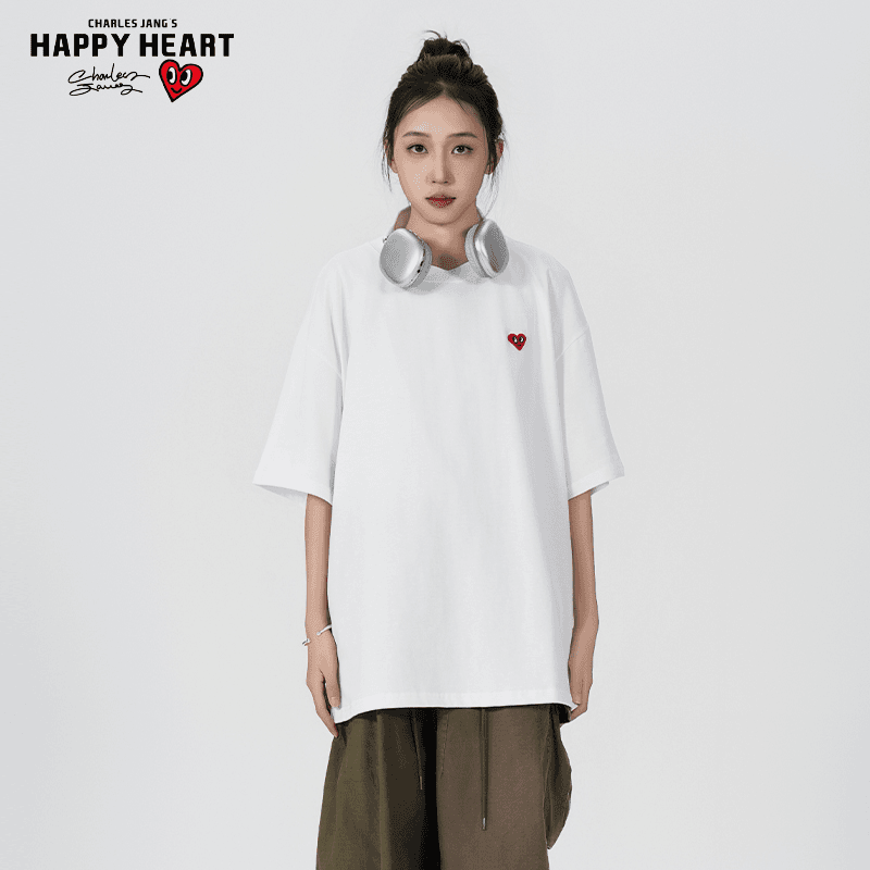 查尔斯桃心短袖t恤男260G重磅夏季潮流刺绣圆领上衣青少年宽松纯棉短t 粉色 2XL