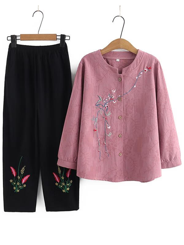 兰铂丽斯奶奶套装春秋款长袖衬衫中老年人秋季女装衣服妈妈秋装上衣两件套 墨绿色 066款 5XL 建议150-165斤