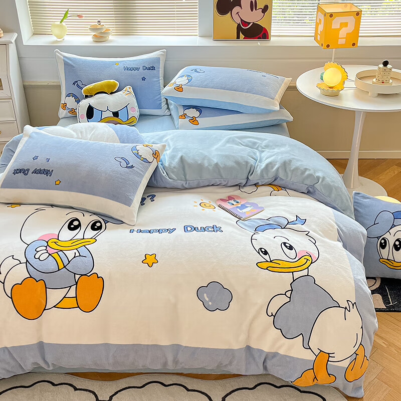 牛奶绒四件套冬季加厚法兰绒珊瑚绒家用宿舍单人保暖套件 q版唐老鸭