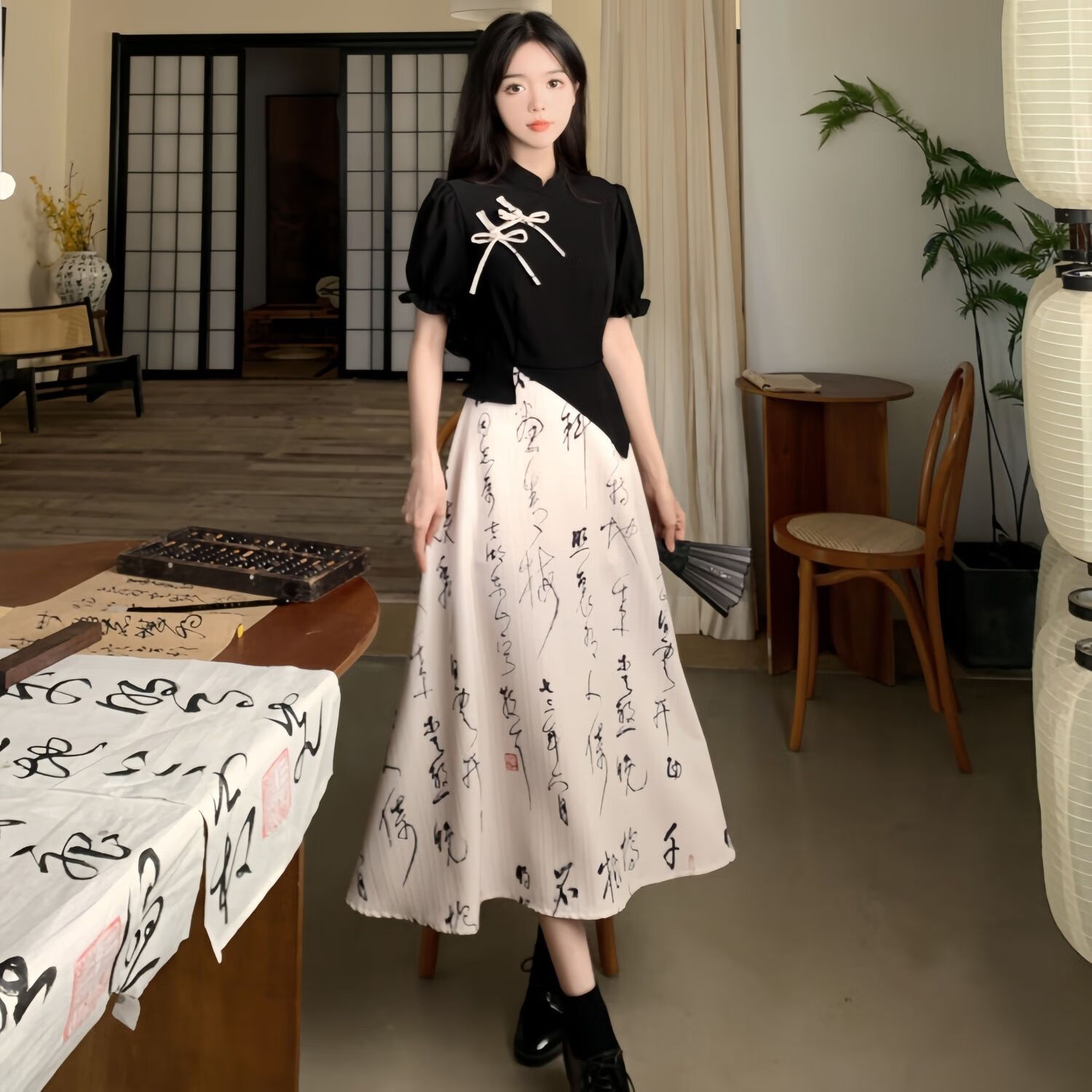 绅栩广东十三行连衣裙旗袍新中式国风印字两件女夏季大码改良通勤复长