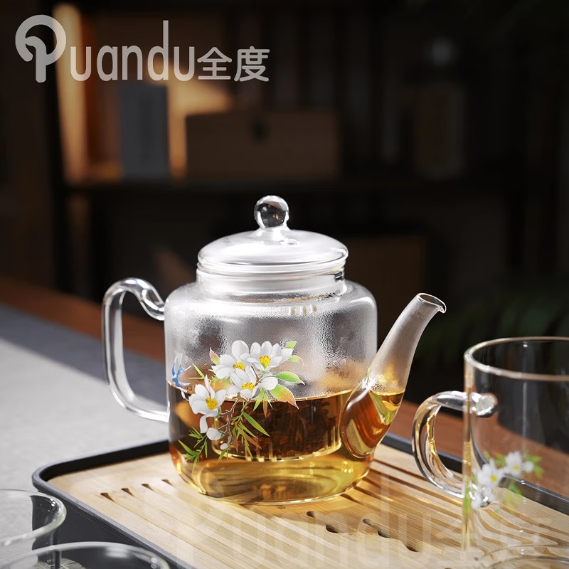 全度玻璃泡茶壶家用耐高温玻璃茶壶花茶过滤功夫茶具办公室茶壶加厚 春意茶壶套组【无茶盘】 6件