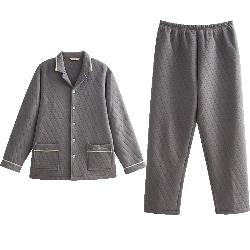秋鹿情侣睡衣冬三层夹棉珊瑚绒夹丝加厚家居服套装新款 玄武石灰男2XL