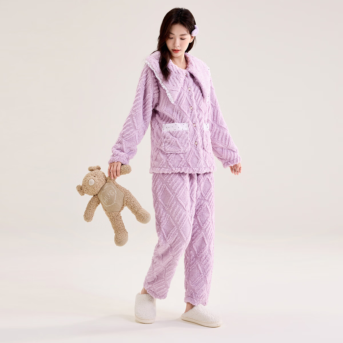 玛伦萨（manza）珊瑚绒睡衣女秋冬季新款公主风加绒加厚双面保暖女士家居服套装 樱花粉 M