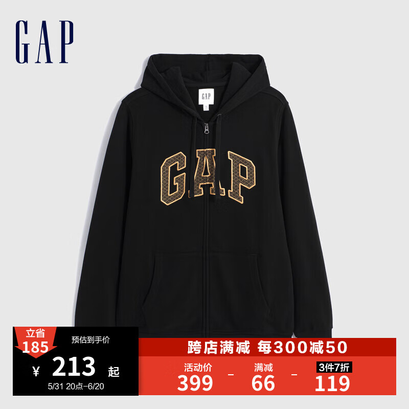 Gap男女装春季2024新款LOGO龙年红色连帽衫本命年情侣卫衣841230 黑色 175/96A(L)亚洲尺码