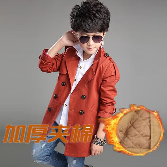 新款儿童中长款风衣中大童春秋款双排扣风衣韩版风 铁锈红加厚升级款