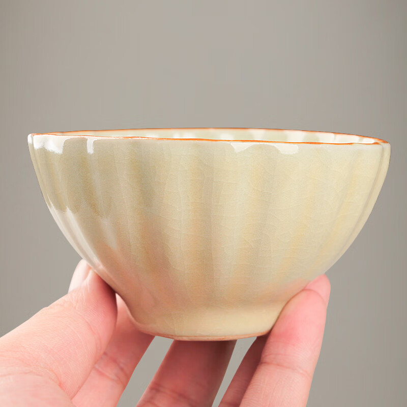 易信花瓣大号茶杯主人杯汝窑开片喝茶杯陶瓷杯单杯锦盒包装茶具配件 汝窑菊花杯-米黄