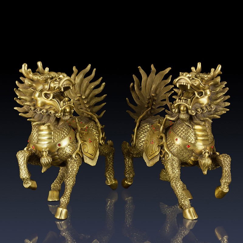 古叶家居纯黄铜麒麟摆件铜火麒麟家居饰品客厅中式办公室铜麒麟一对