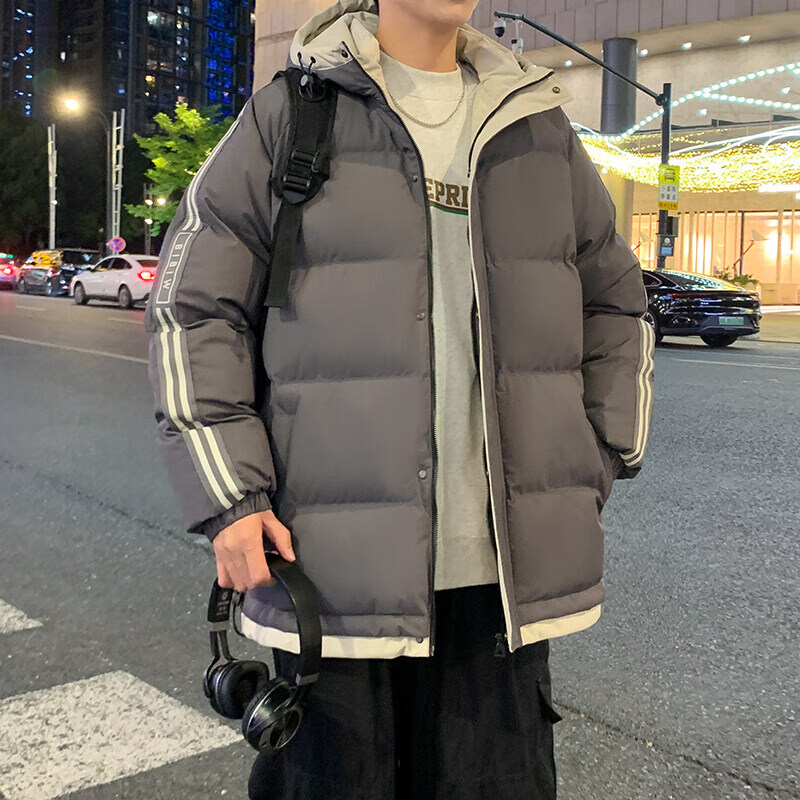 卡柏奇大码男装连帽棉衣男冬季加厚棉服男冬装保暖棉袄潮流宽松 深灰色 M