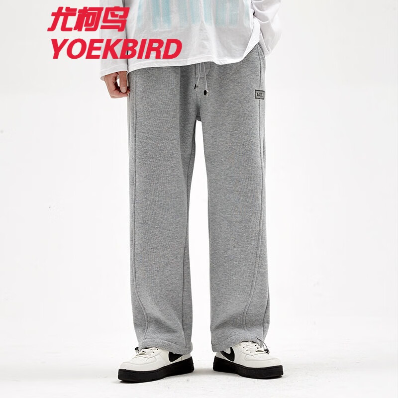 尤柯鸟 yoekbird灰色直筒运动裤男春秋季大码针织抽绳束脚卫裤宽松