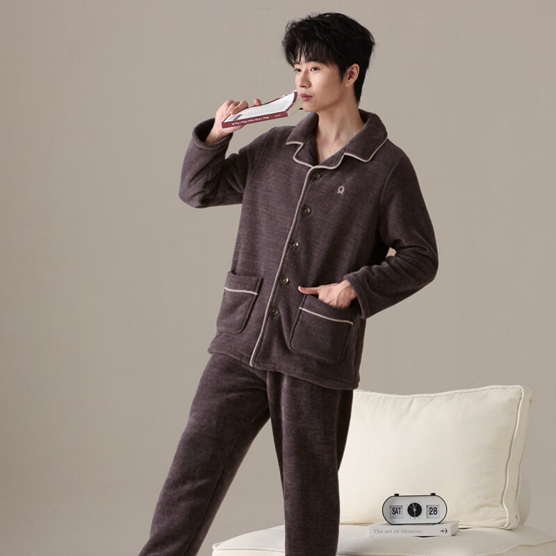 绮瑞男冬季珊瑚绒睡衣加厚三层复合绒秋冬男士时尚冬款家居服套装 棕色 3XL (适合180-200斤)
