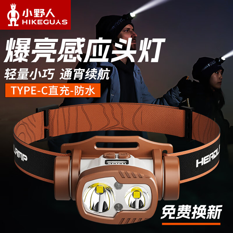 小野人头灯强光头戴式感应超长续航夜钓专用赶海登山工地充电led小