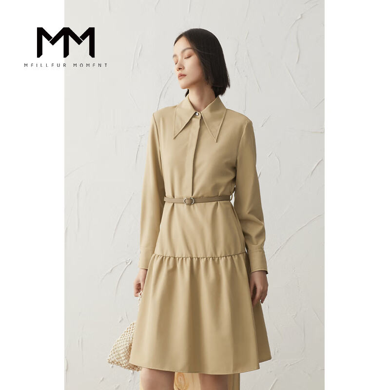 麦檬【限量特惠/捡漏】时尚复古浅卡其收腰长袖连衣裙女5CA294241 浅卡其 S