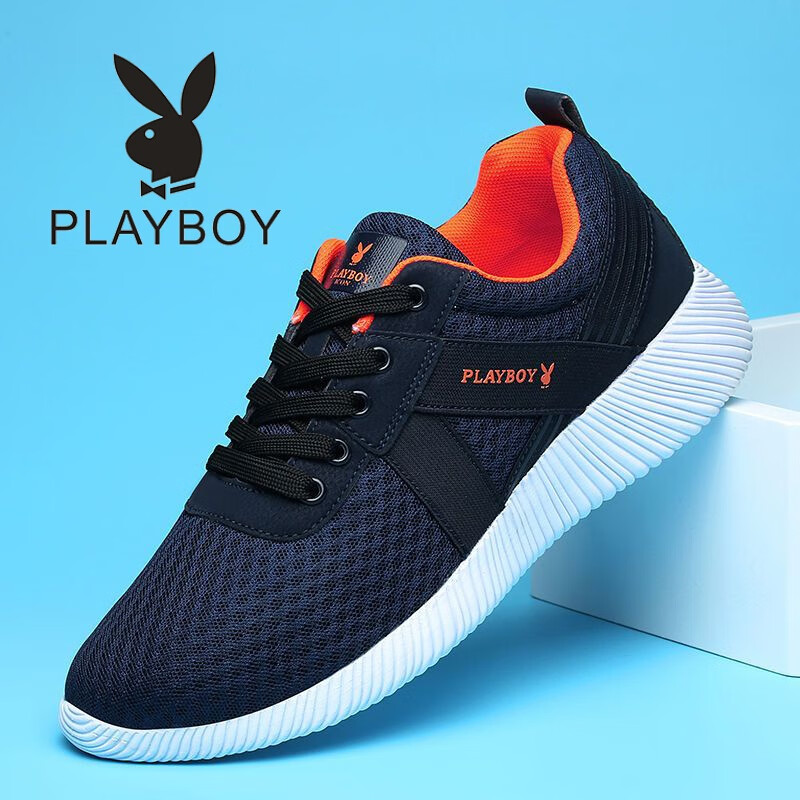 花花公子（PLAYBOY）男鞋2023新款春夏季透气运动鞋休闲鞋网面慢跑步鞋旅游鞋 0609深蓝橘 40 收藏送袜子