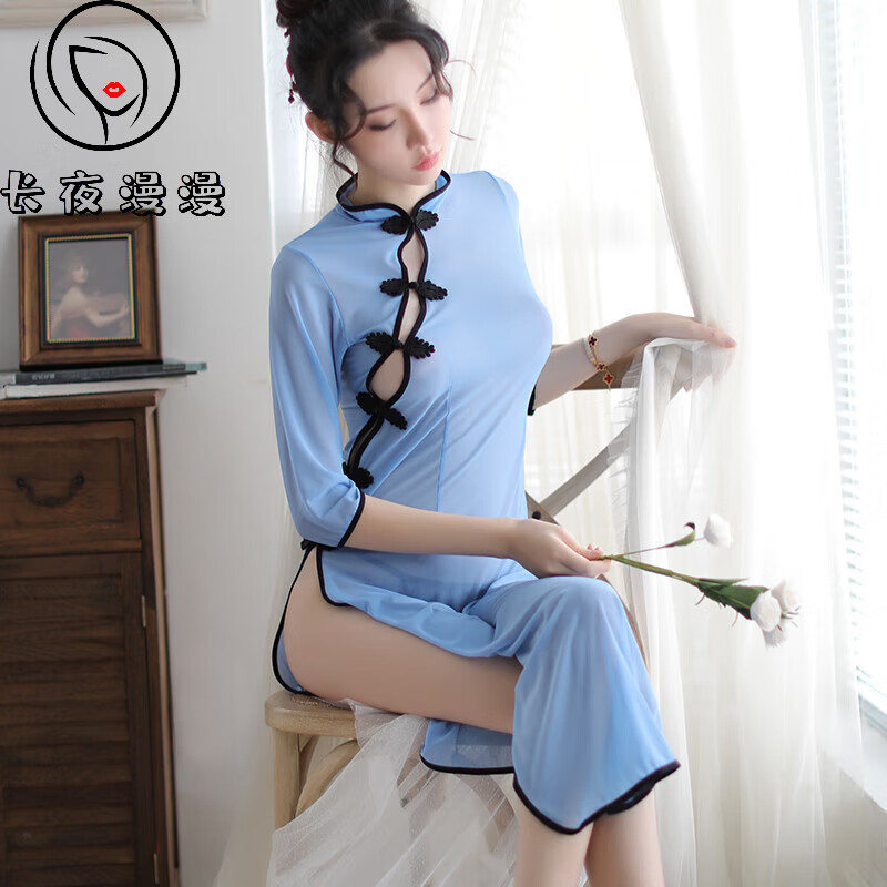 民国风学生装性感旗袍睡裙表演服cosplay角色扮演长裙长款高开叉青色