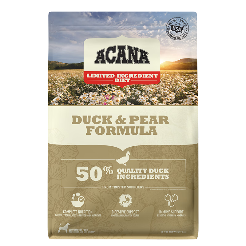 愛肯拿（ACANA）狗糧 鴨肉梨成犬幼犬 低敏去淚痕 全價(jià)通用原裝進(jìn)口糧2kg效期26/5
