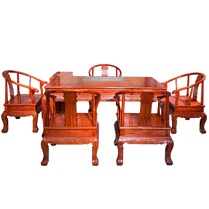 木中央 紅木家具 緬甸花梨(學(xué)名:大果紫檀)中式茶桌椅組合 實(shí)木功夫泡茶臺茶室茶幾 1.58米茶桌+5椅+角幾