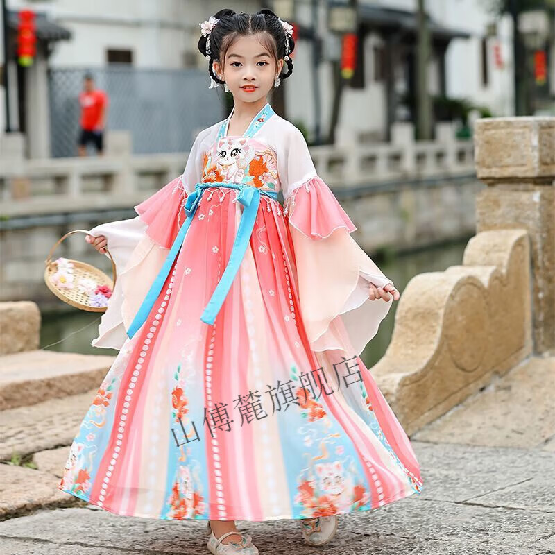 韦戒汉服女童齐胸襦裙2024儿小孩古装唐朝新款中国古风超仙春秋 粉红