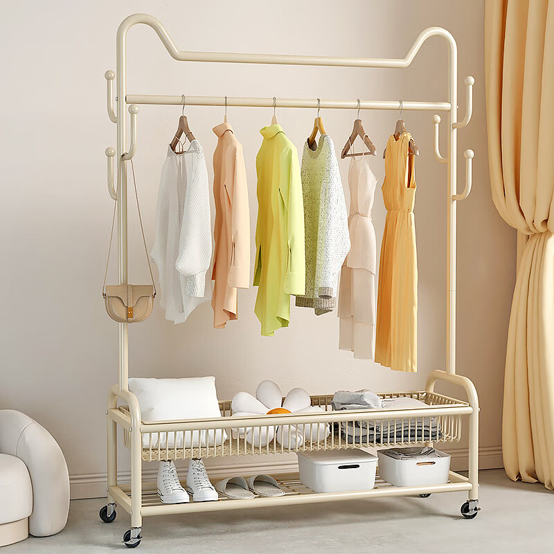 苏沐瞳挂衣架落地家用简易衣帽架奶油风单杆晾衣服架卧室收纳衣服架子 加粗-奶油白60cm【单层置物架】